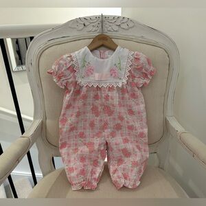 🦢 Baby 3~6 Mth Vintage Puff Sleeve Seersucker Floral Bubble Romper